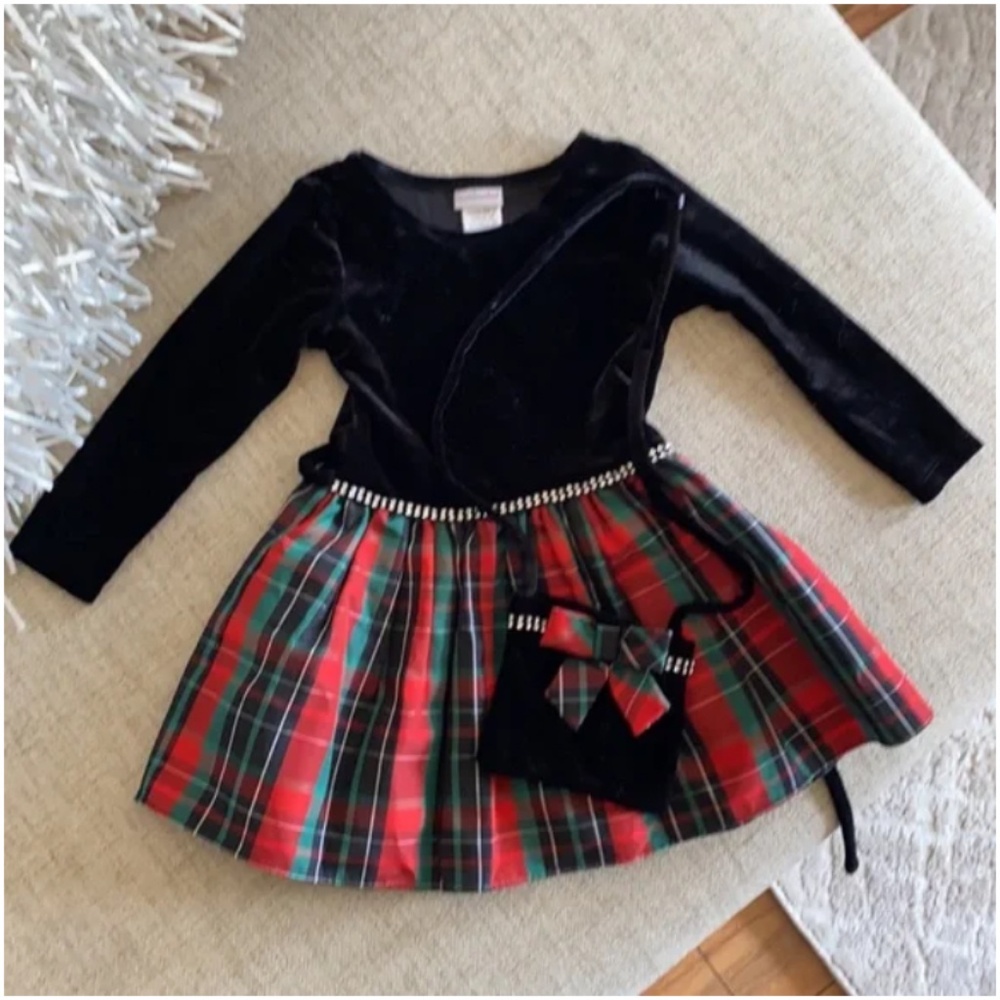 Classic black velvet and plaid print long sleeve dressy dress matching bag set